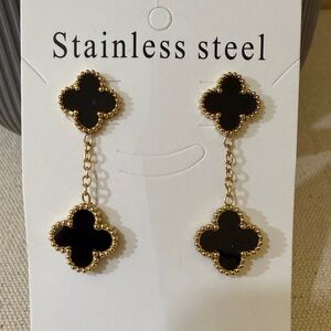 Chic Black and Gold Clover Double Sided Dangle Women’s Earrings